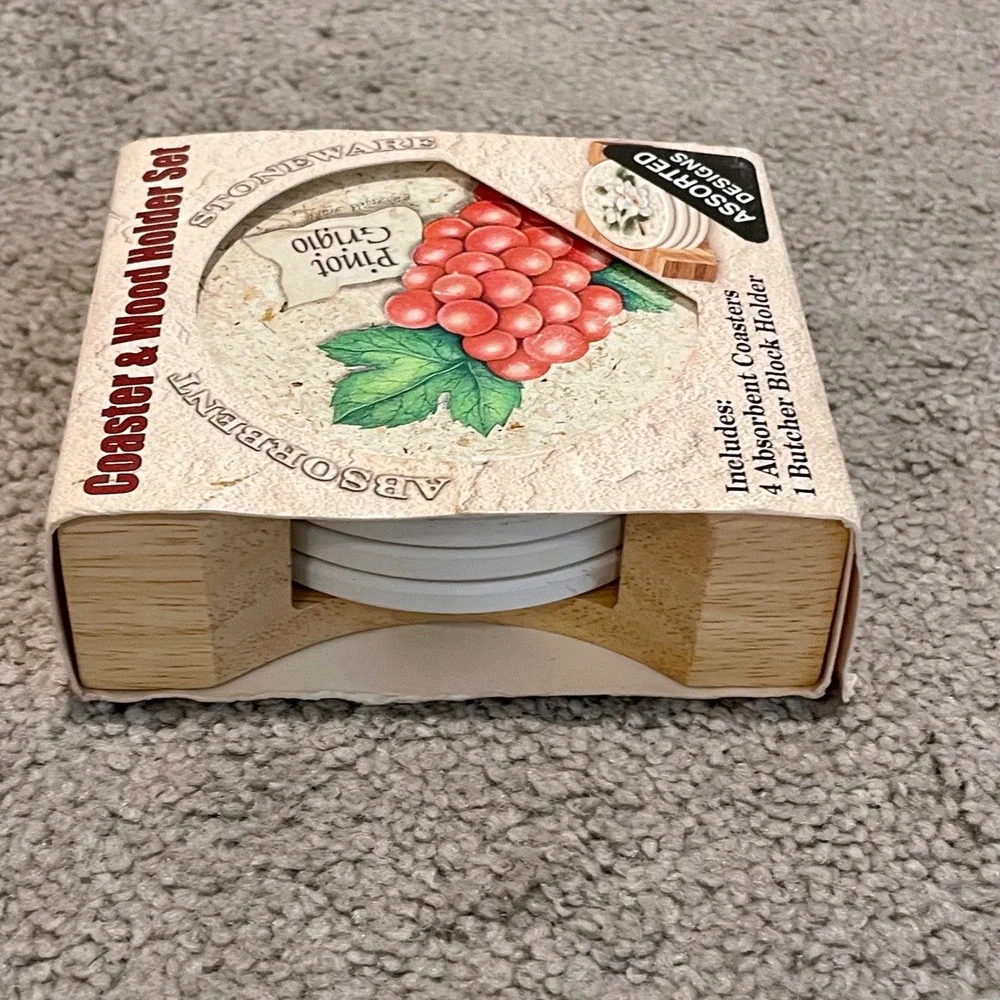 NatureStone Absorbent Coaster & Wood‎ Holder Set Pinot Grigio Varietals